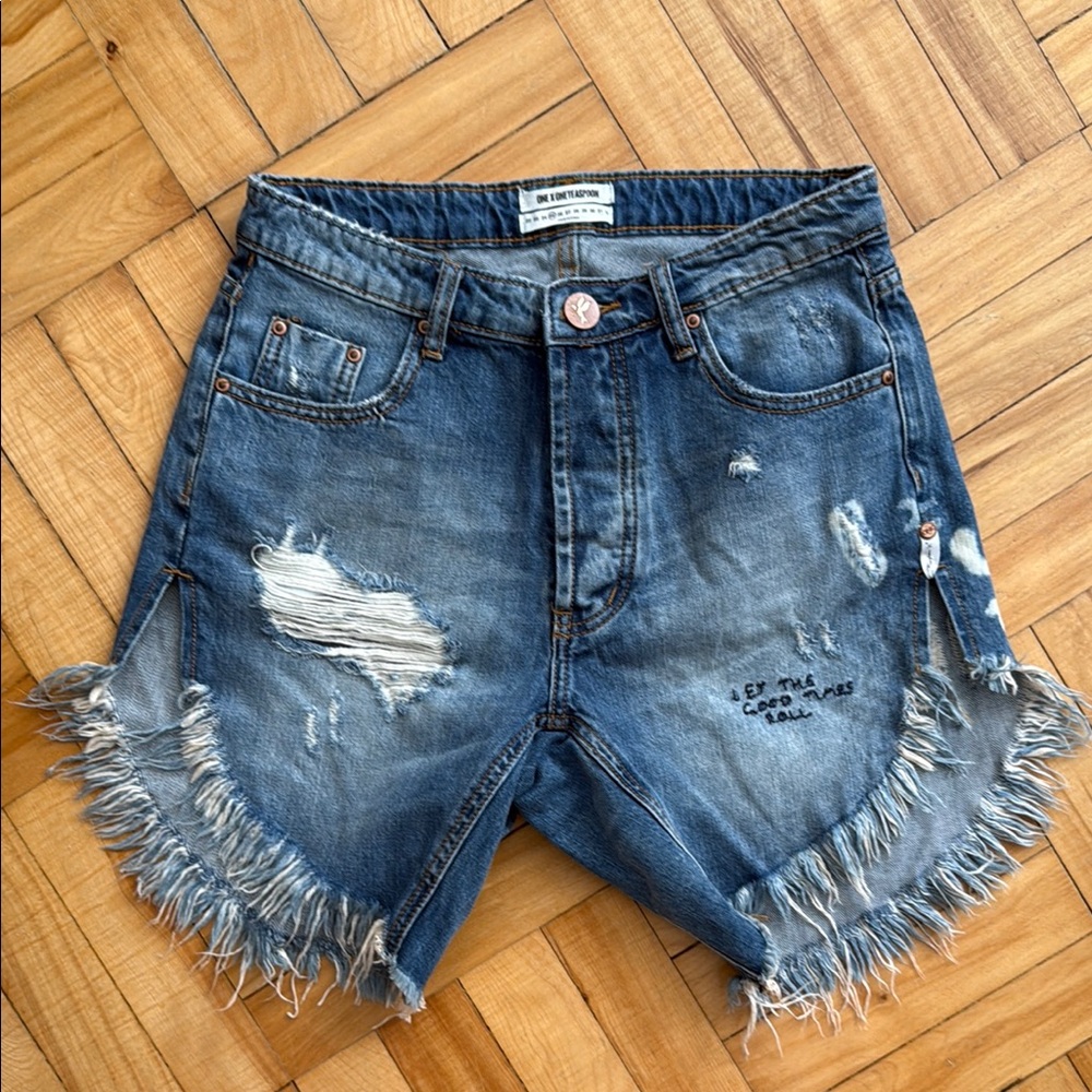 One Teaspoon Blue Frayed Denim Shorts